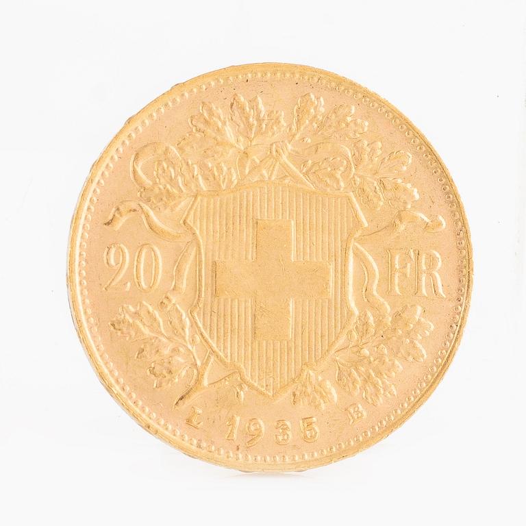 Guldmynt, Schweiz, 20 Franc, 1935 LB.