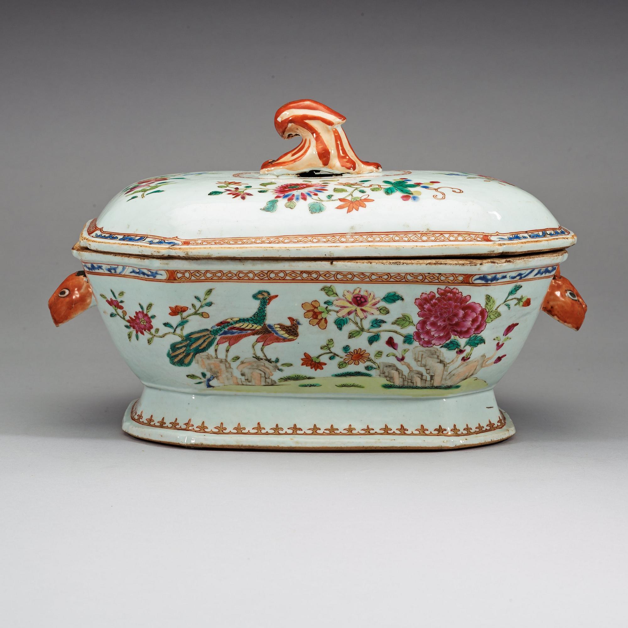 A famille rose 'double peacock' tureen with cover and stand, Qing dynasty, Qianlong (1736-95).