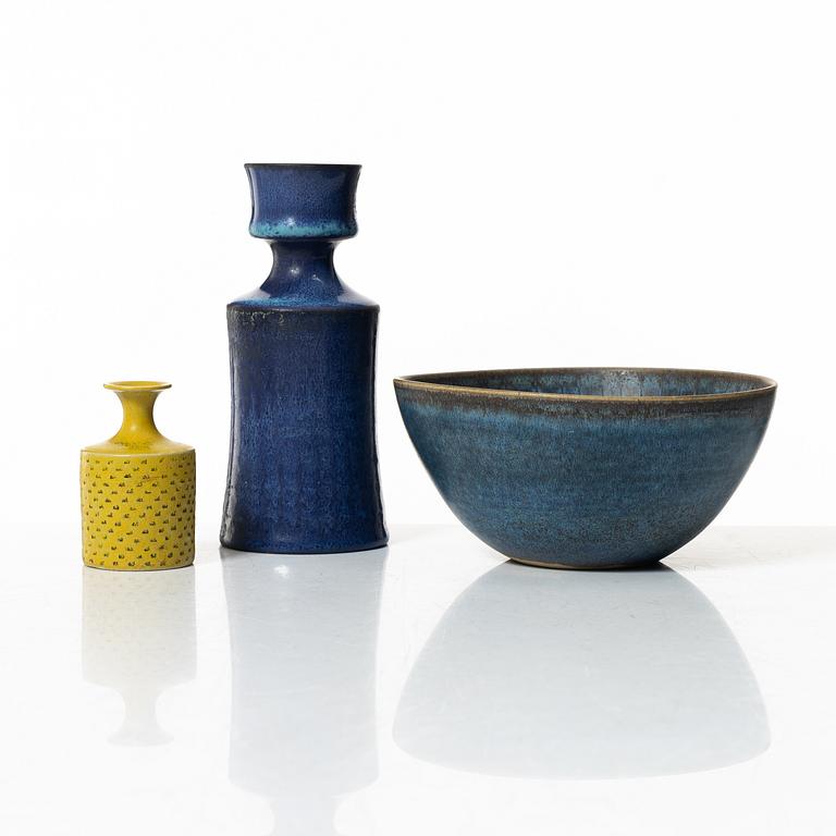 Stig Lindberg, vaser, 2 st och skål, stengods, Gustavsbergs Studio 1964-68.