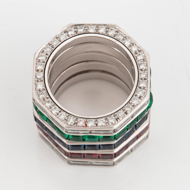 Five Paul Binder rings in 18K white gold set with baguette- and round brilliant-cut diamonds.