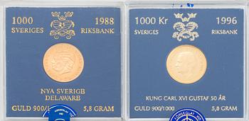 Two Swedish 1000 kr Gold Coins from 1988 and 1996.