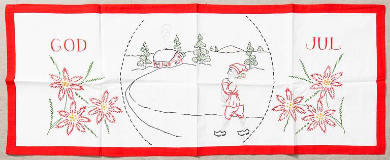 A collection of smaller Christmas tablecloths, runners, wall hangings, curtains, and Christmas tree skirts, 32 pcs, 20th century.