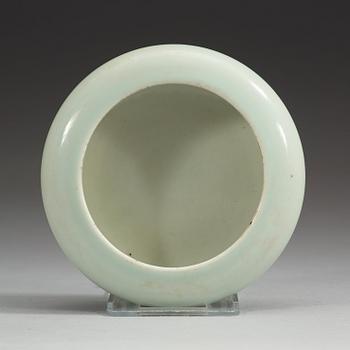 A pale celadon glazed brush washer, Qing dynasty (1644-1912), with Kangxi six character mark.
