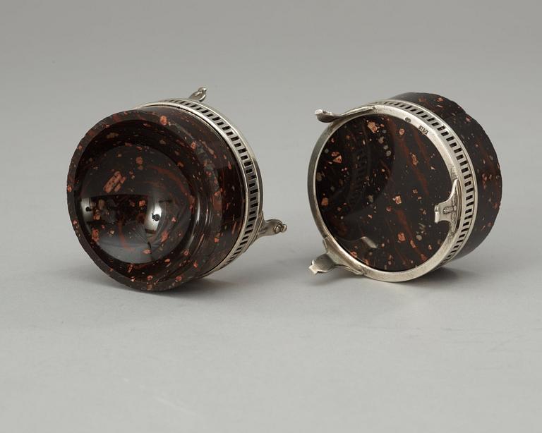 A pair of late Gustavian porphyry and silver salts by Gustaf Hamnqvist.
