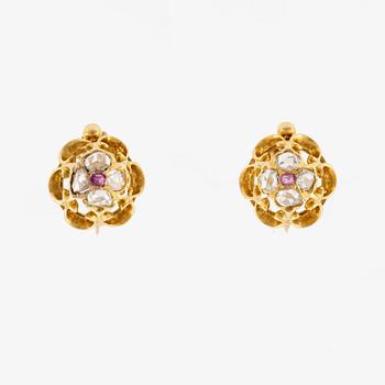 Earrings, a pair, 18K gold with rose-cut diamonds and rubies.