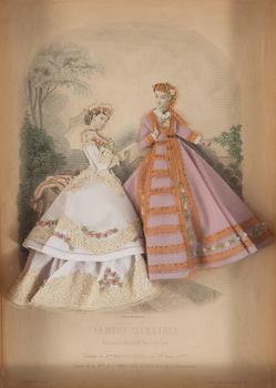 Two hand coloured fashion plates from 'La Mode Illustrée', Paris, France, 1866-7.
