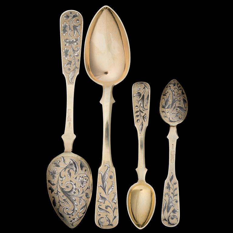 48 PIECES OF GILT SILVER AND NIELLO CUTLERY, Moscow 1842, unknown master, weight without knives 2036 g.