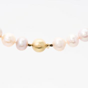 A PEARL NECKLACE, cultured pearls, clasp 14K gold.