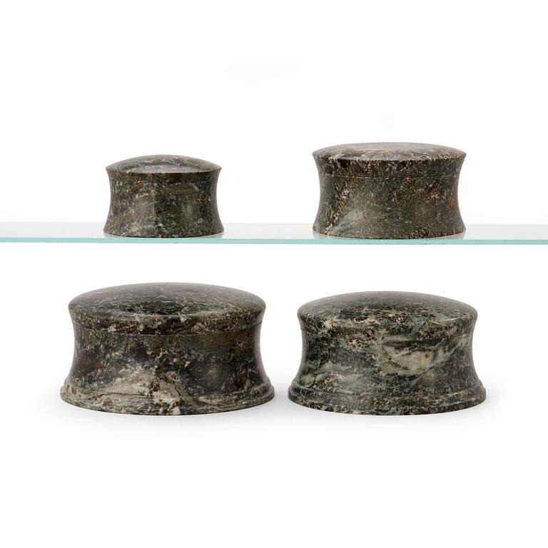 Four Swedish 19th century green marble boxes with covers.