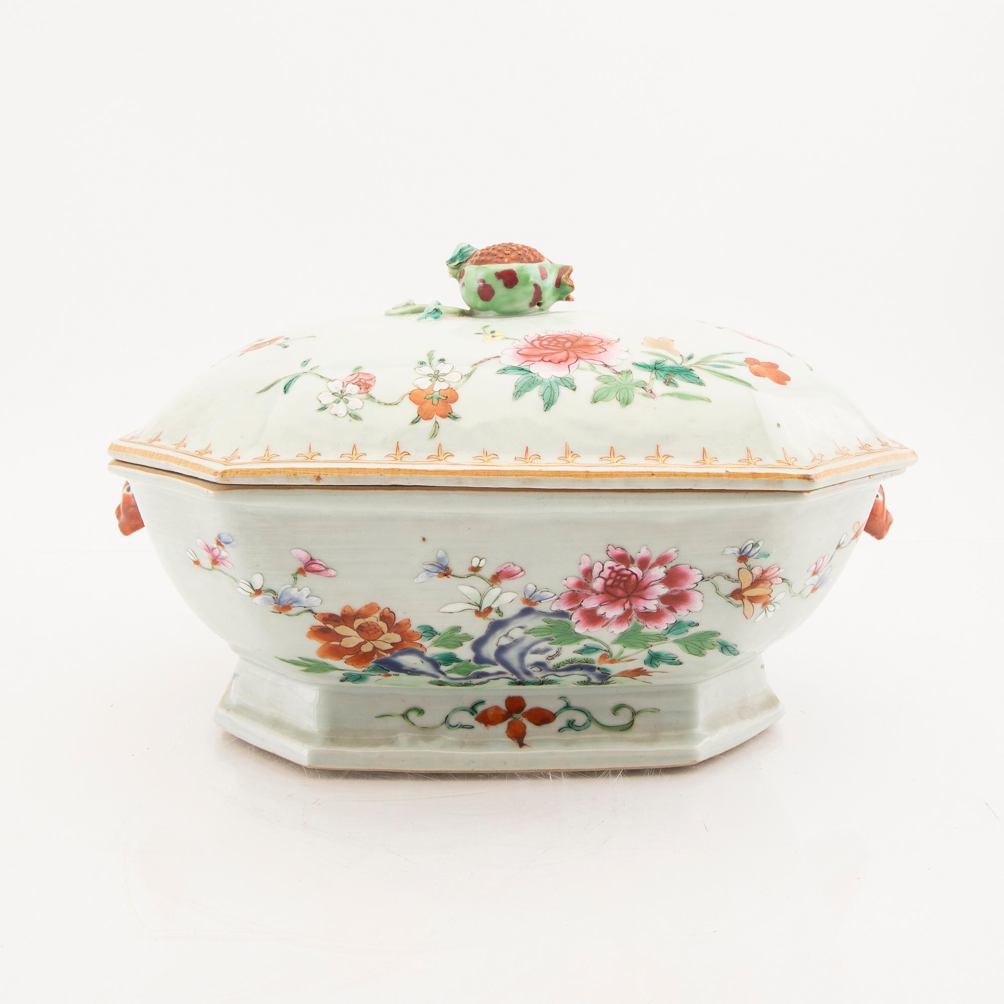 A Chinese famille rose tureen with cover and plate later part of the 18th century.