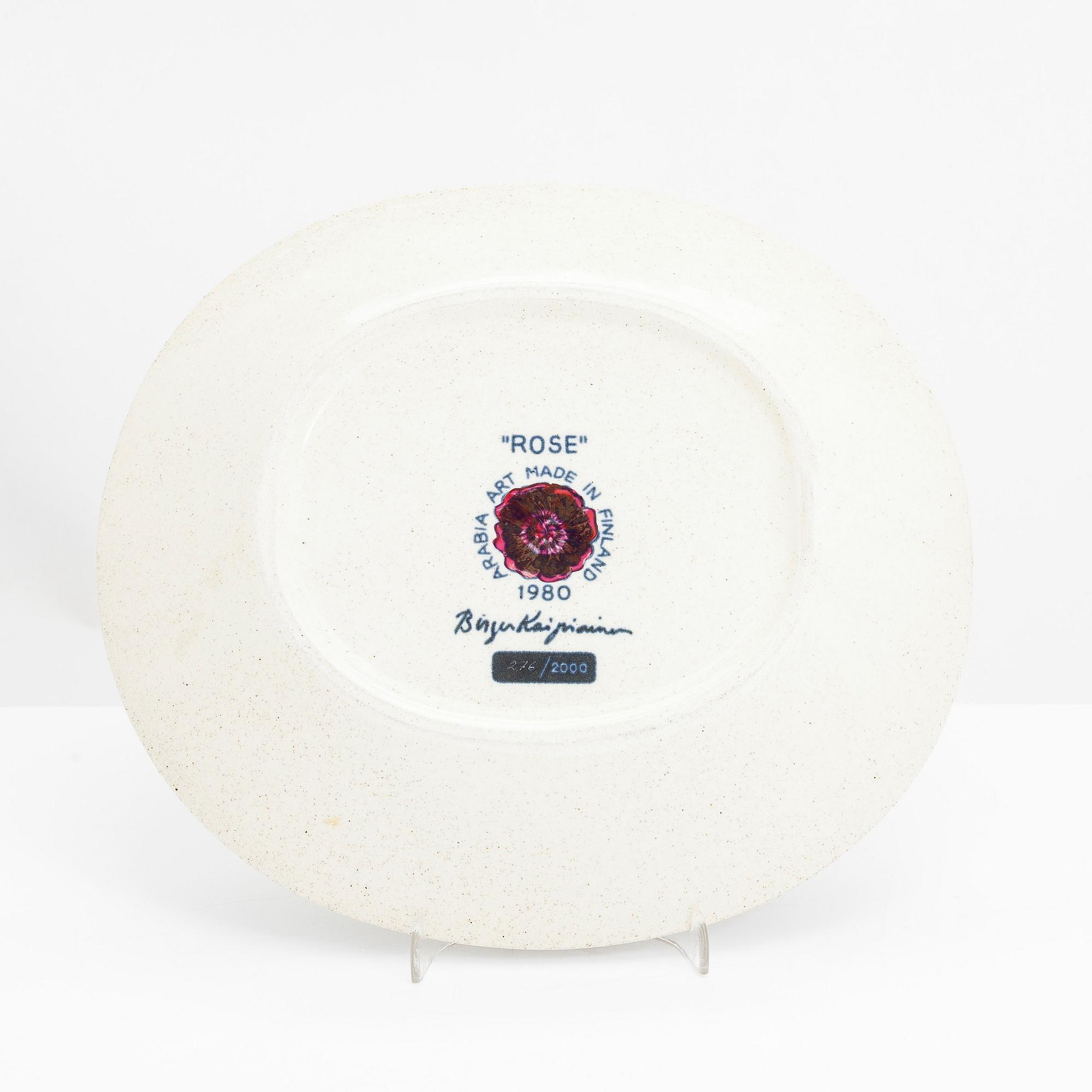 Birger Kaipiainen, decorative ceramic plate Rose, signed, numbered 276/2000, Arabia 1980 Made in Finland.