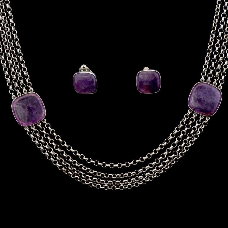 BÖRJE RAJALIN, NECKLACE and EARRINGS, amethysts, silver. Kalevala Koru 1989.