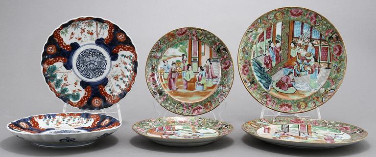 TALLRIKAR, 4 st, Kanton, Kina samt SKÅLFAT, 2 st, Japan, 1800/1900-tal.