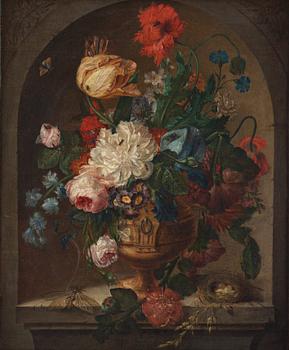 496. DUTCH SCHOOL, around 1700. Still life with flowers, a bird nest and insects.