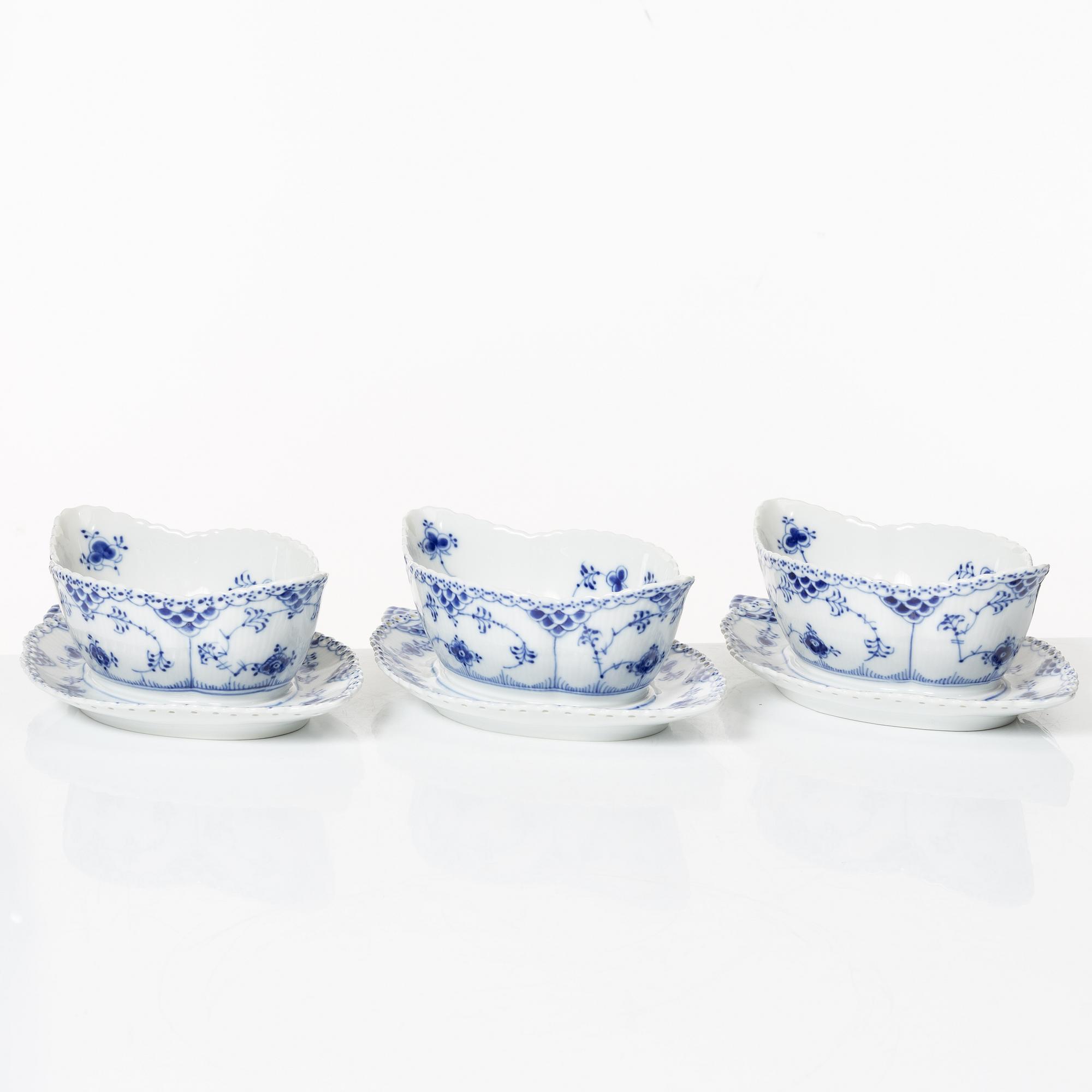 Royal Copenhagen, three sauceboats, 'Blue Fluted Full Lace', Denmark, 1979-83.