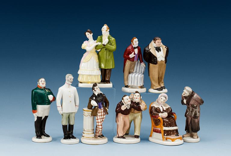 A matched set of nine porcelain characters from Gogol's 'Dead souls' and 'The Goverment Inspector', Lomonosov manufactory, 20th Century.