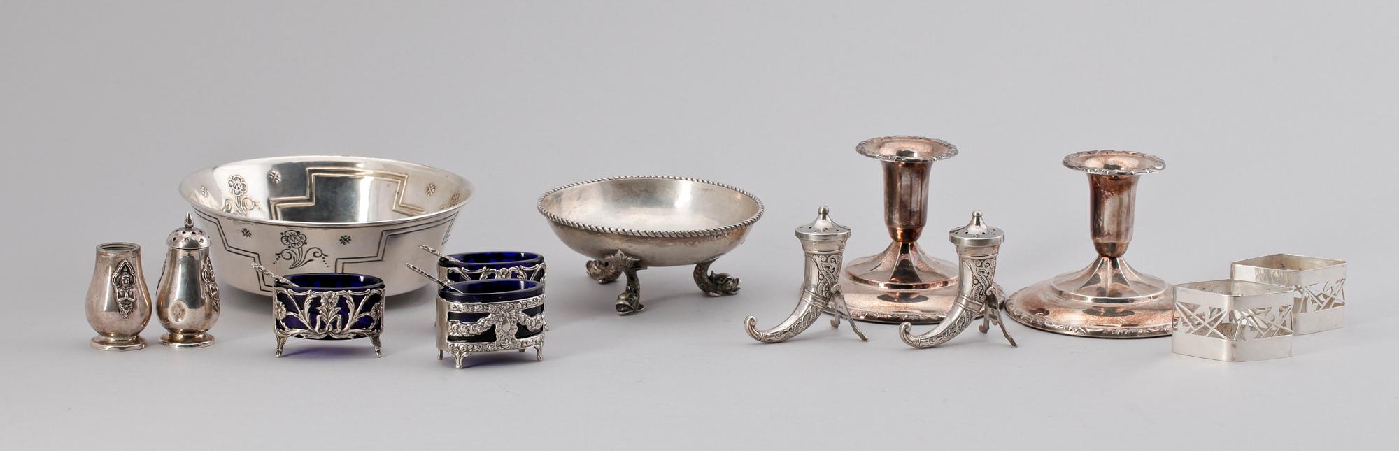 PARTI SILVER, 13 delar, flera länder, 1900-tal, vikt ex ljusstakar och glaskar ca 400g.