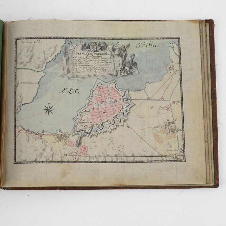 Album från 1746 med 22 akvareller över fästningar, gåva av Gabriel Cronstedt till tronföljaren Adolf Fredrik.