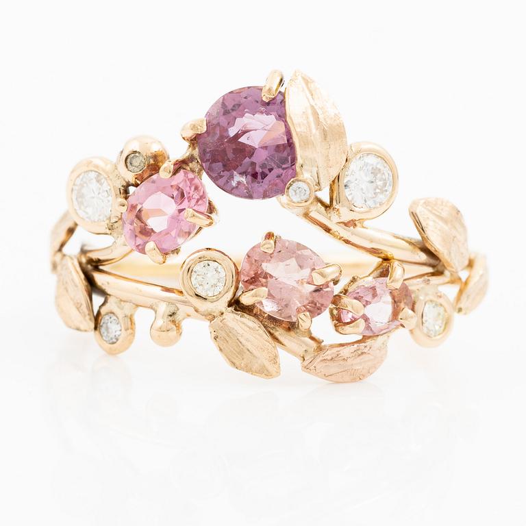 Ring, Mandelstam, 18K guld med rosa turmaliner och briljantslipade diamanter.
