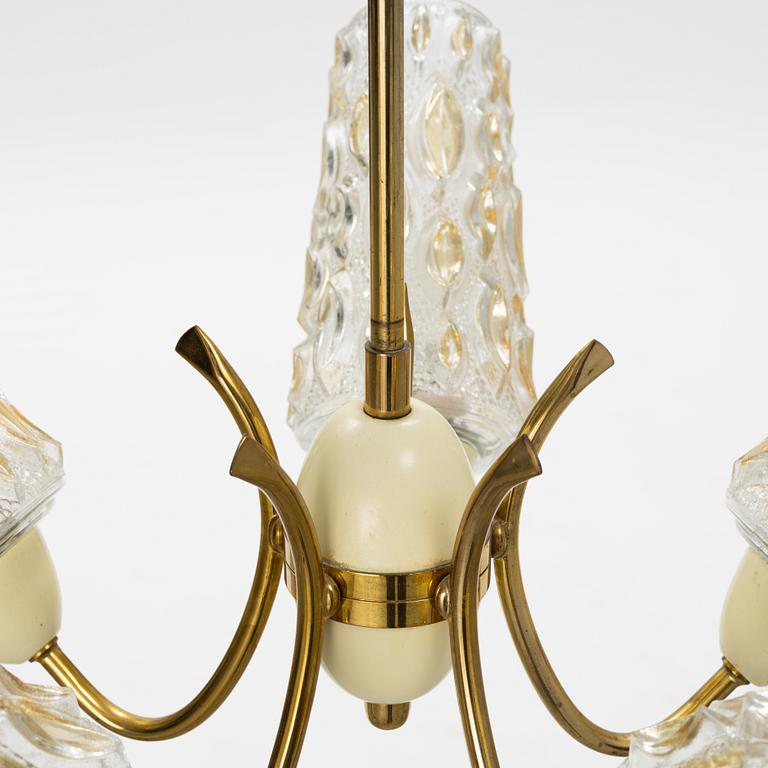 A brass and glass ceiling light, mid 20th Century.