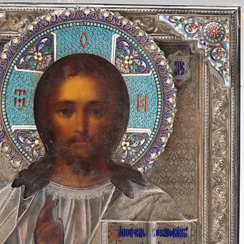 A Russian silver and cloisoné enamel icon of Christ Pantocrator, mark Sergei Zharov possibly, Moscow late 19th century.