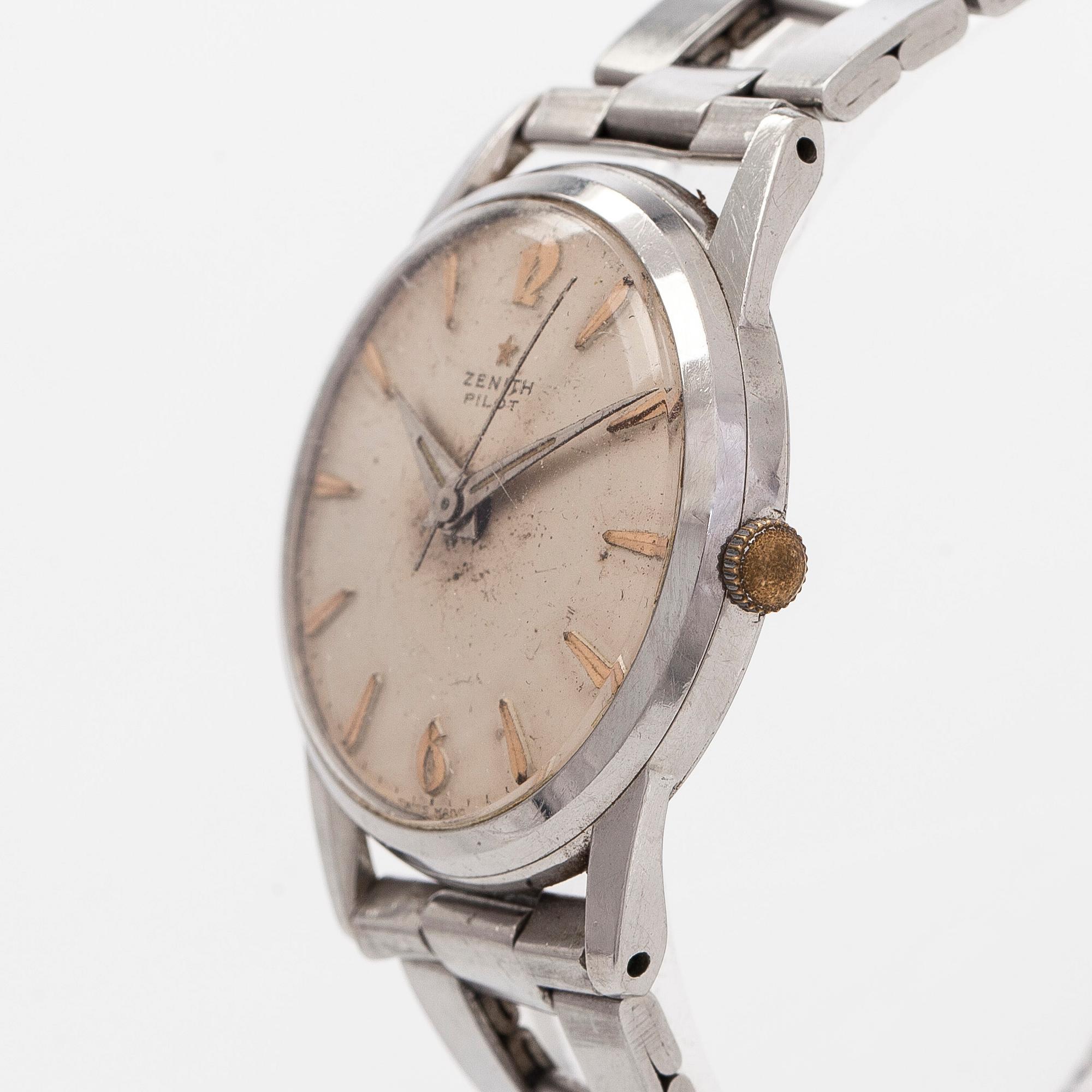 Zenith, Pilot, rannekello, 34 mm, teräs, manuaalinen, pleksilasi, 1950-luku.