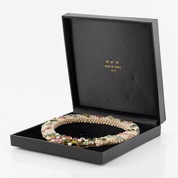 Necklace in 14K gold with cabochon-cut tourmalines and cultured pearls.