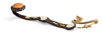A hardwood Ruyi Sceptre with inlays of nephrite, turquoise, coral and other materials. Qing dynasty, presumably Qianlong.