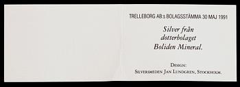 SILVERTACKA, bolidensilver, Jan Lundgren, Stockholm, signerad, 1991. Vikt ca 104 gram.