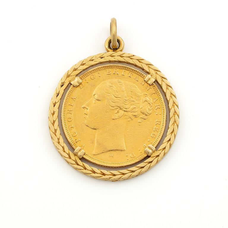 Gold coin, Great Britain, Victoria,  Sovereign, 1883, mounted as a pendant.