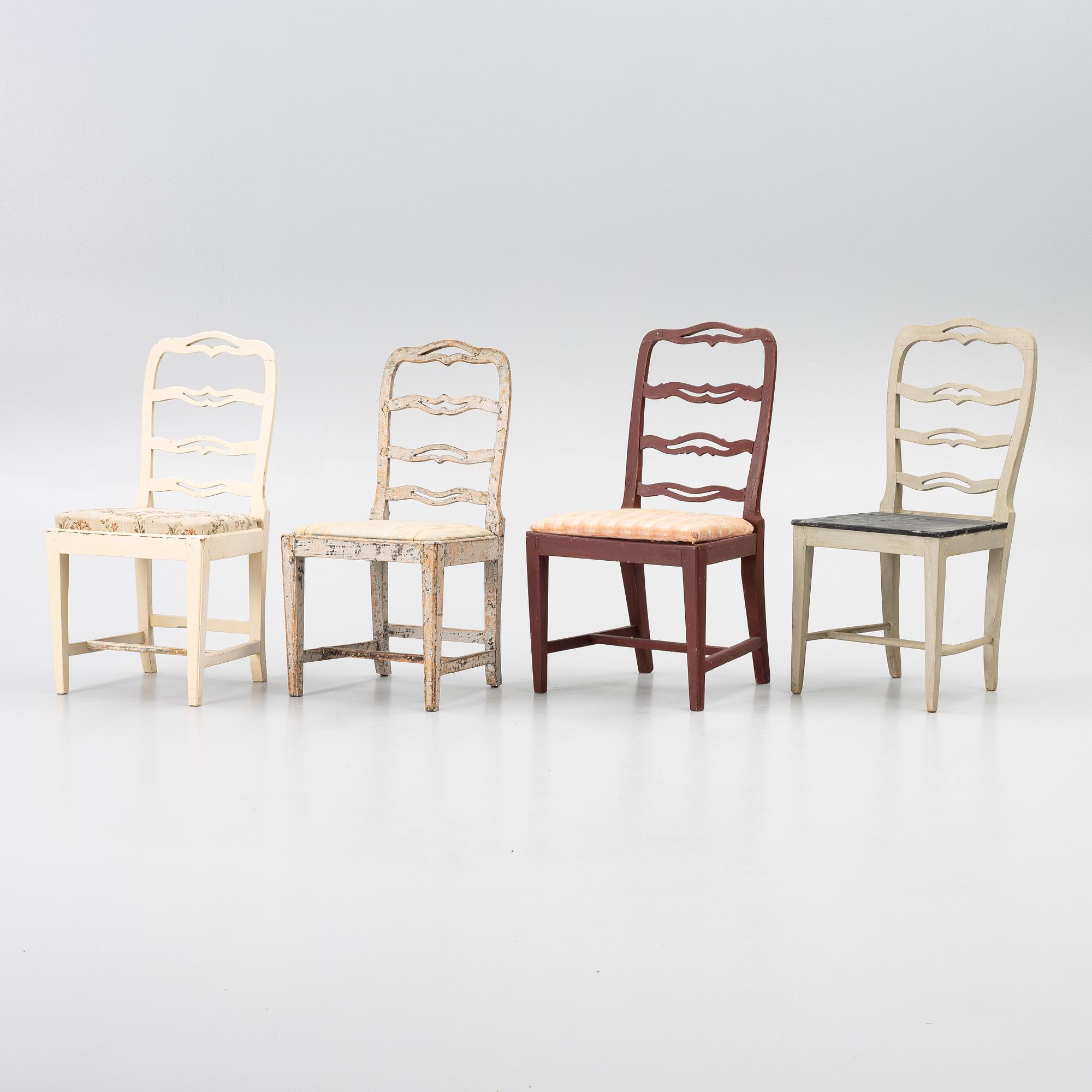 Nine chairs, so-called laughing chairs, 17th and 18th Century.