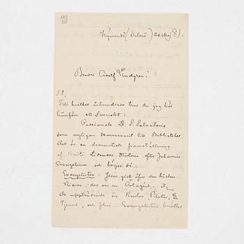 Egenhändigt brev av Strindberg om en liturgisk handskrift m.m., 1881.
