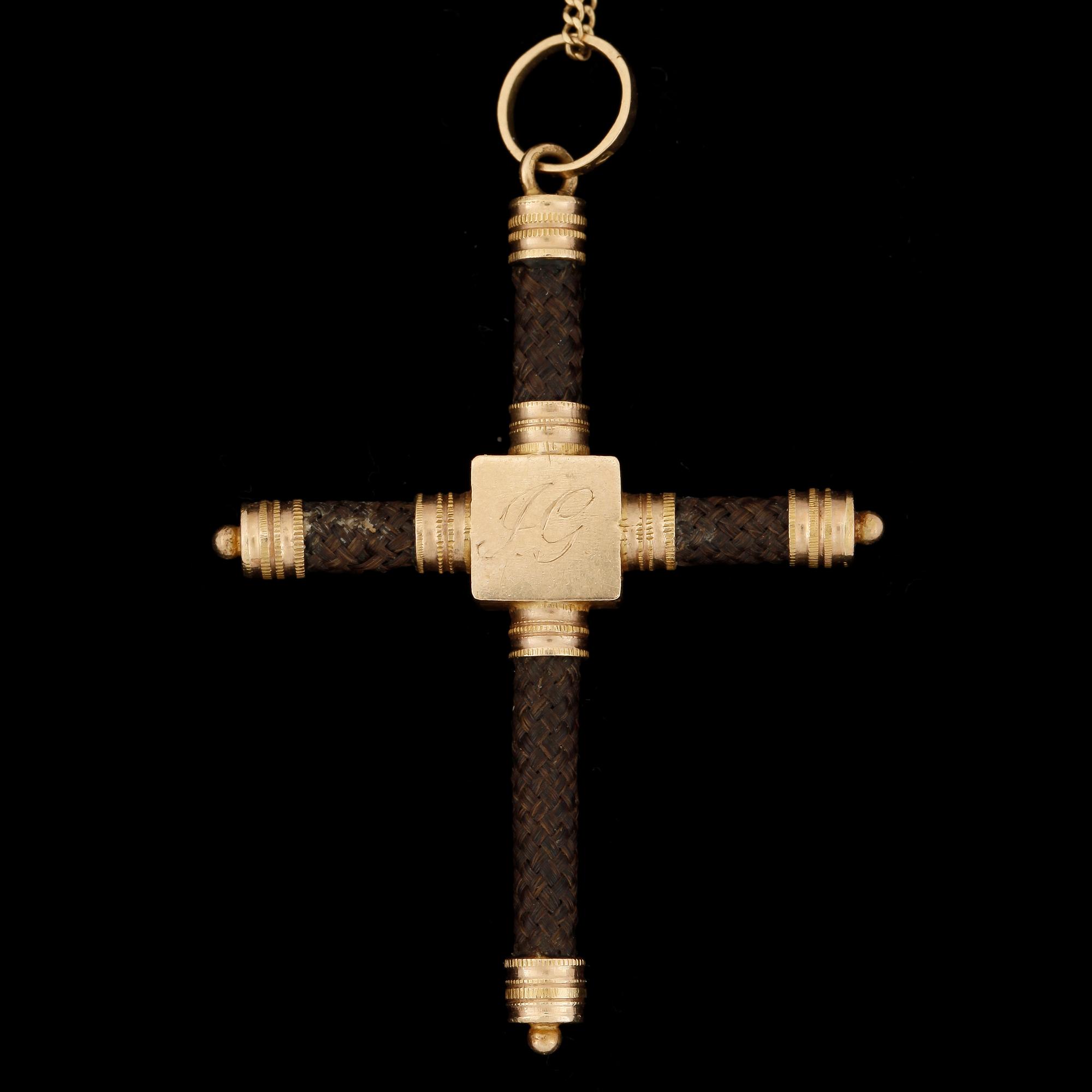 HÄNGE OCH HALSKEDJA, 18k guld, hårarbete, Sverige, möjligen 1826. Totalvikt ca4g.