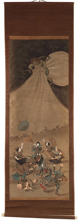 RULLMÅLNINGAR, sex stycken, tusch och färg på papper. Japan, Meiji (1868-1912).