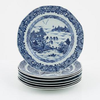 Eight blue and white plates, China, Qianlong (1736-95).