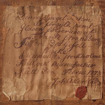 SPEGEL, GESÄLLPROV, av Frantz Strandberg, Stockholm 1773, rokoko/gustaviansk.