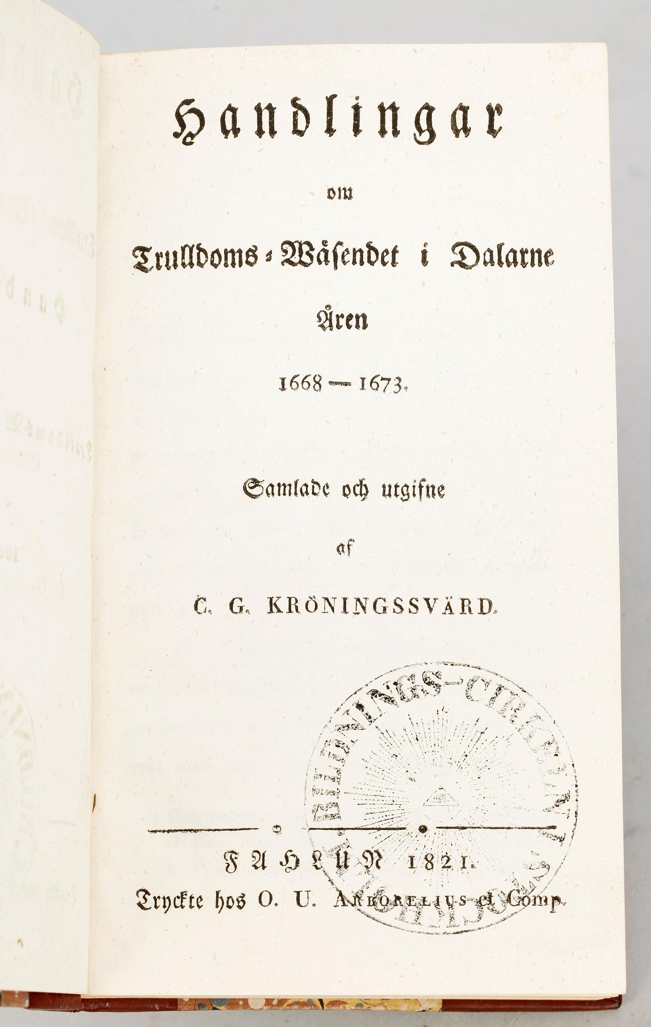 BOK, "Handlingar om Trulldoms-Wäsendet i Dalarne åren 1668-1673" utg av CG. Kröningssvärd, Falun 1821.