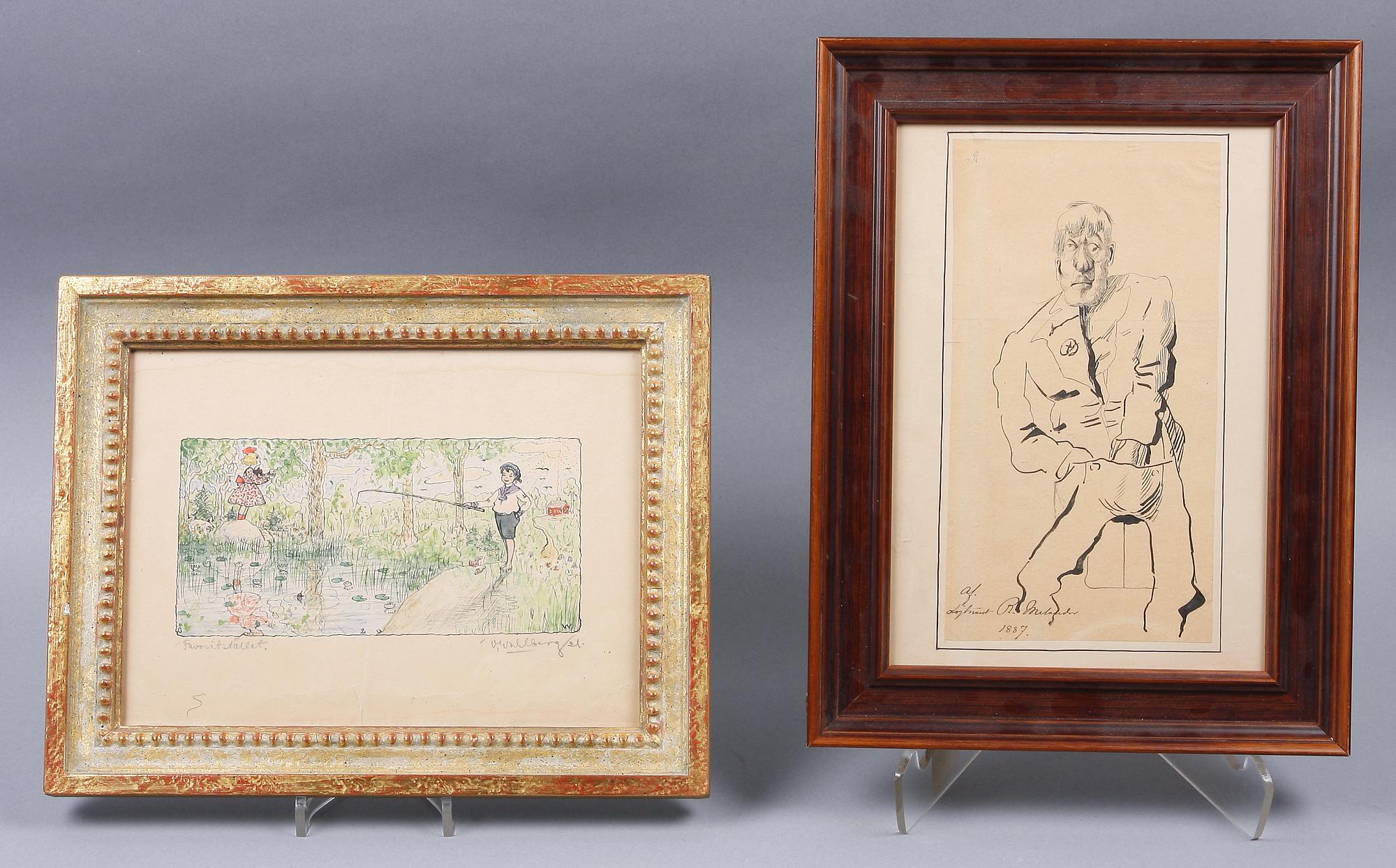 OKÄND KONSTNÄR, blandteknik samt tusch, 2 st, sign.