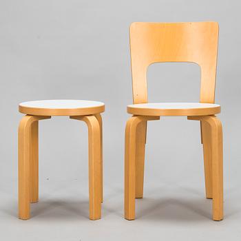 Alvar Aalto, tuoleja 4 kpl, malli 66 ja jakkara  malli E60, 1900-luvun loppu.