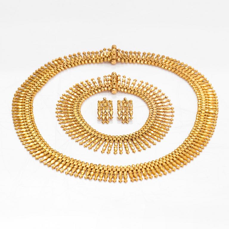 Halsband, armband och örhängen, 14-21K guld.