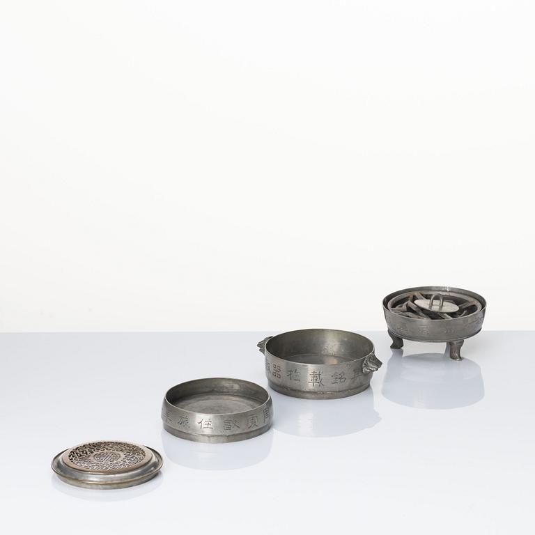 A group of Chinese pewter wares, Qing dynasty. (4 pieces).