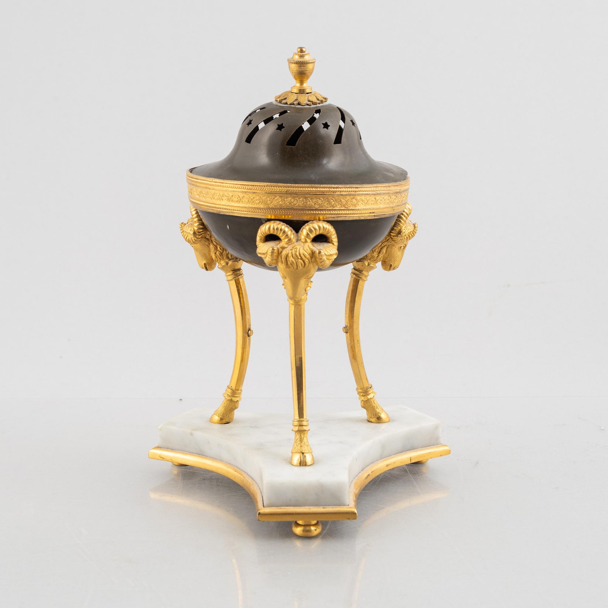 A French Empire ormolu and patinated bronze brûle-parfum, early 19th century.