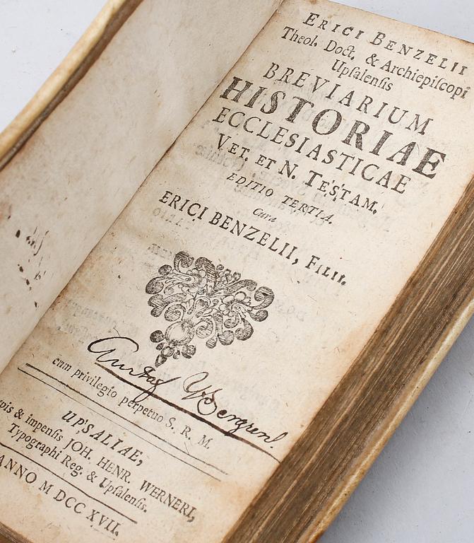 BOK: Breviarium Historiae Ecclesiasticae, Eric Benzelius dy, tryckt i Uppsala 1717.