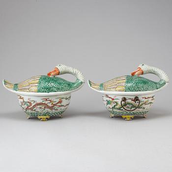 Two Chinese duck tureens with covers, 20th Century.