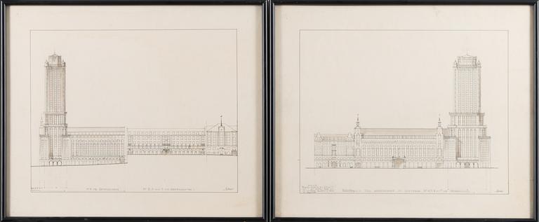 Two architect's drawings of skyscrapers from the 1920s.