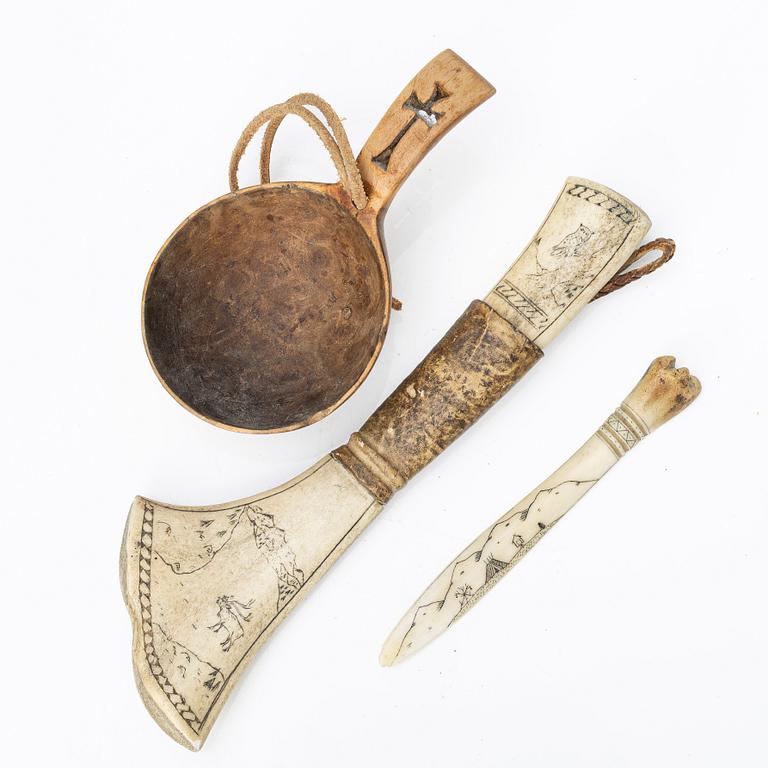 Half-horn knife and wooden cup, unidentified craftsmen.