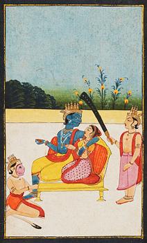 756. A painting of Rama and Sita on a yellow throne with Hanuman, India, Rajasthan, Jaipur, first half of 19th Century.