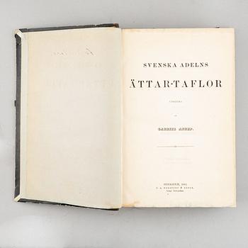 Bokverk, 9+4, "Svenska Adelns Ättartavlor", av Gustaf Elgenstierna, samt "Svenska adelns Ättar-taflor", av Gabriel Anrep.