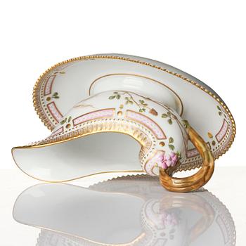 A Royal Copenhagen 'Flora Danica' sauce boat and a pillow shaped bowl, Denmark, 20th century.