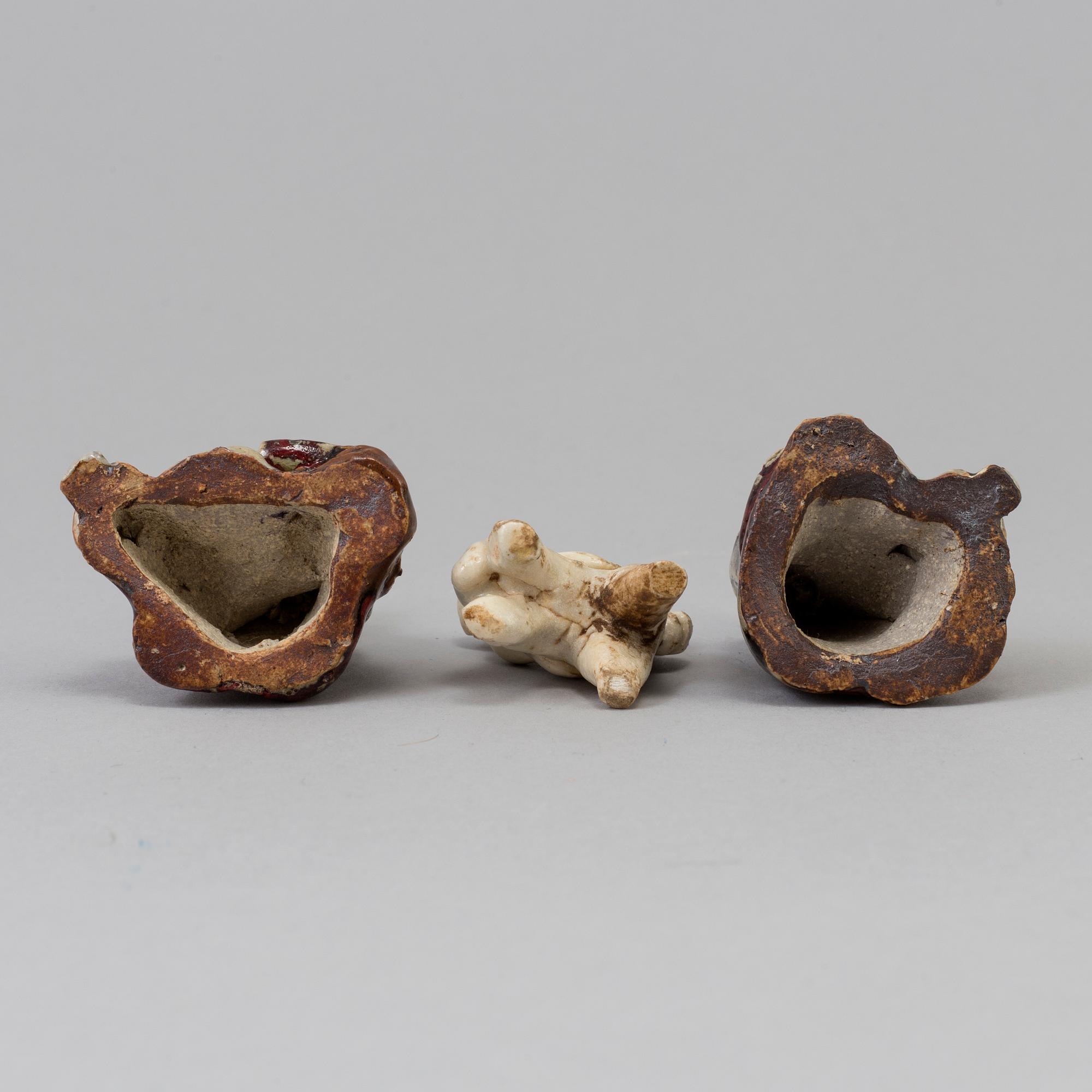 Three Chinese/South east asian ceramic miniature figurines, ca 1900 and older.